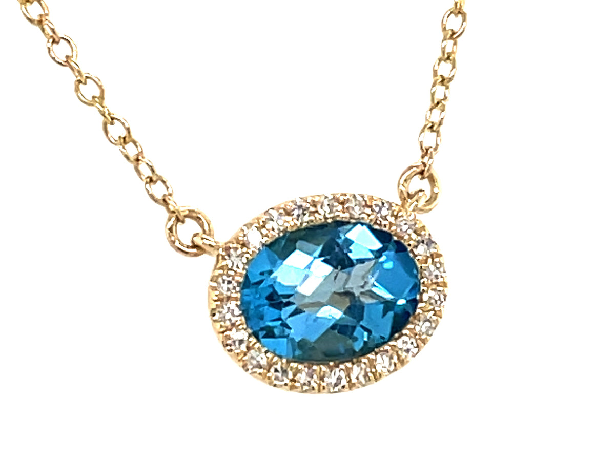 BLUE TOPAZ & DIAMOND OVAL PENDANT NECKLACE, 18"/17"/16", 14KY (R)