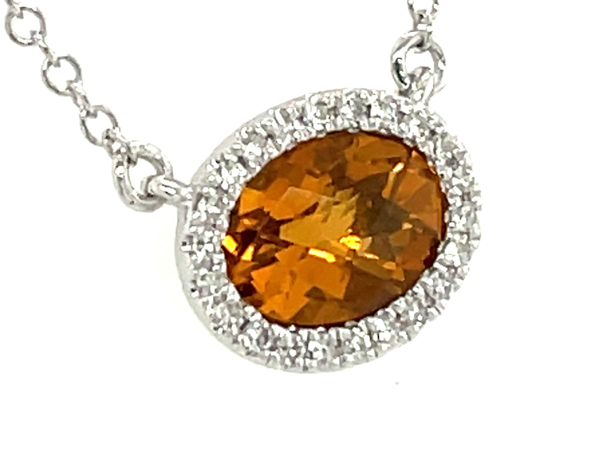 CITRINE & DIAMOND OVAL PENDANT NECKLACE, 18"/17"/16", 14KW (H)