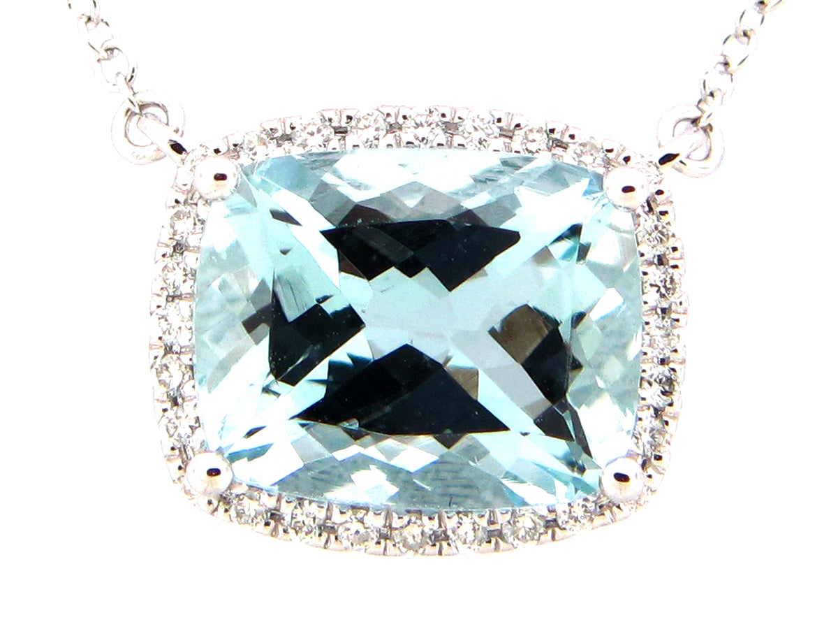 AQUAMARINE CUSHION & DIAMOND HALO PENDANT NECKLACE, 18"/17"/16", 14KW (H)
