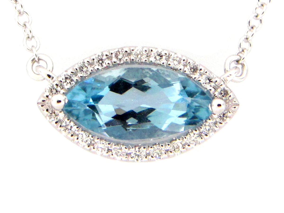 AQUAMARINE MARQUISE & DIAMOND HALO PENDANT NECKLACE, 14KW (H)