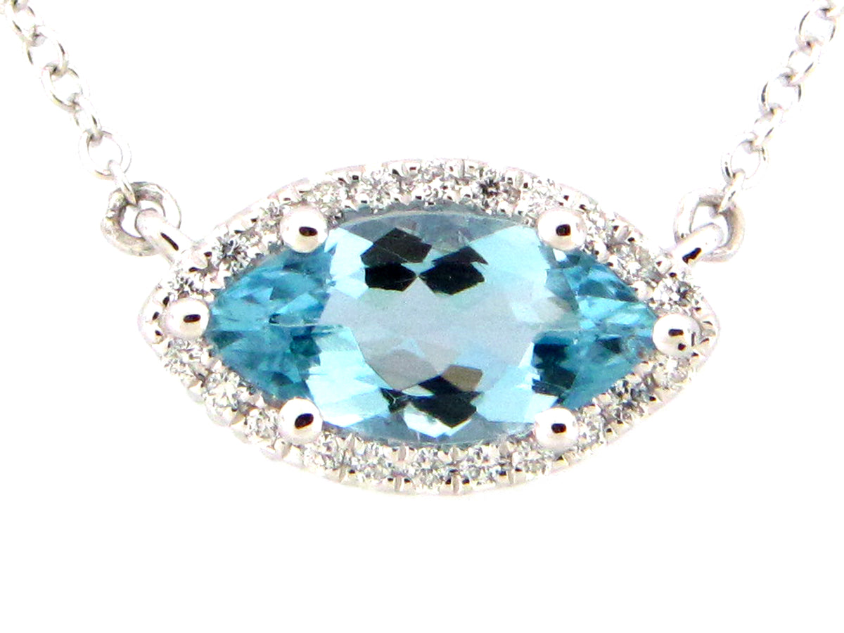 AQUAMARINE MARQUISE & DIAMOND PENDANT NECKLACE, 18"/17"/16", 14KW (H)