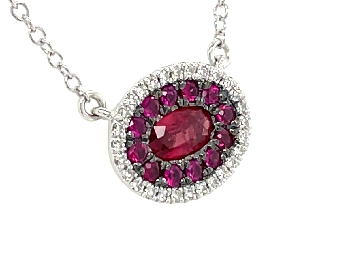 Ruby Diamond Oval Cluster Pendant Necklace, 18"/17"/16", 14kw (H)