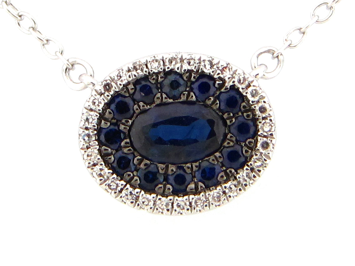SAPPHIRE & DIAMOND OVAL CLUSTER PENDANT NECKLACE, 18"/17"/16", 14KW (H)