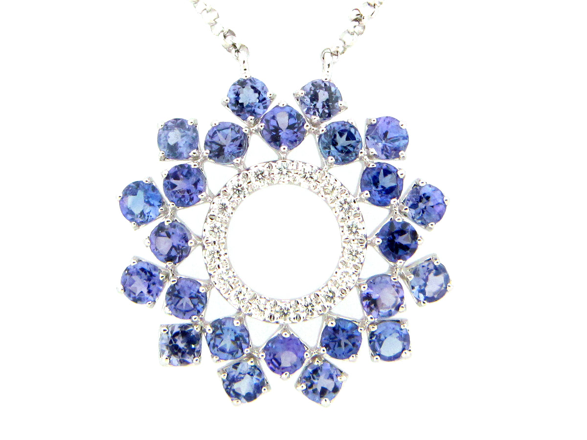 TANZANITE & DIAMOND CIRCLE PENDANT NECKLACE, 18"/17"/16", 14KW (H)