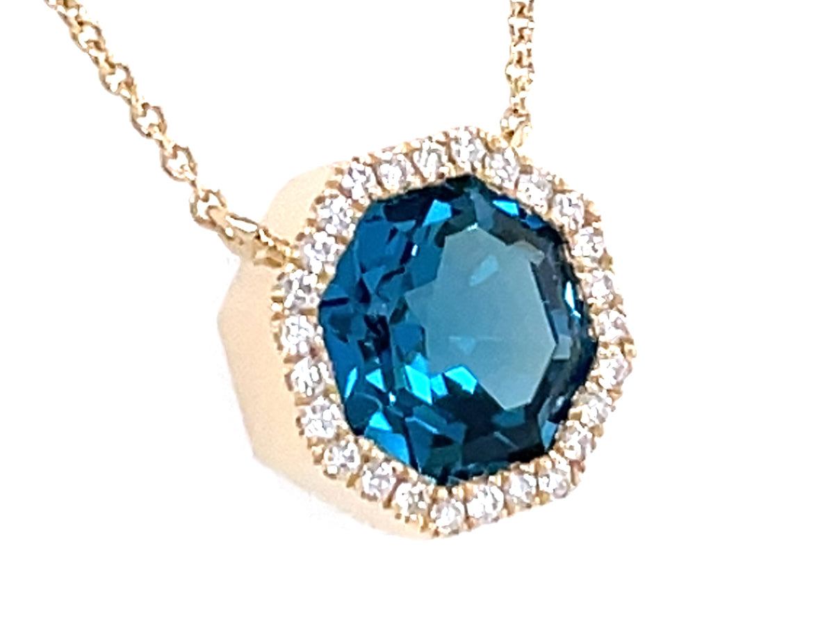 Blue Topaz Octagon Diamond Halo Necklace, 16"