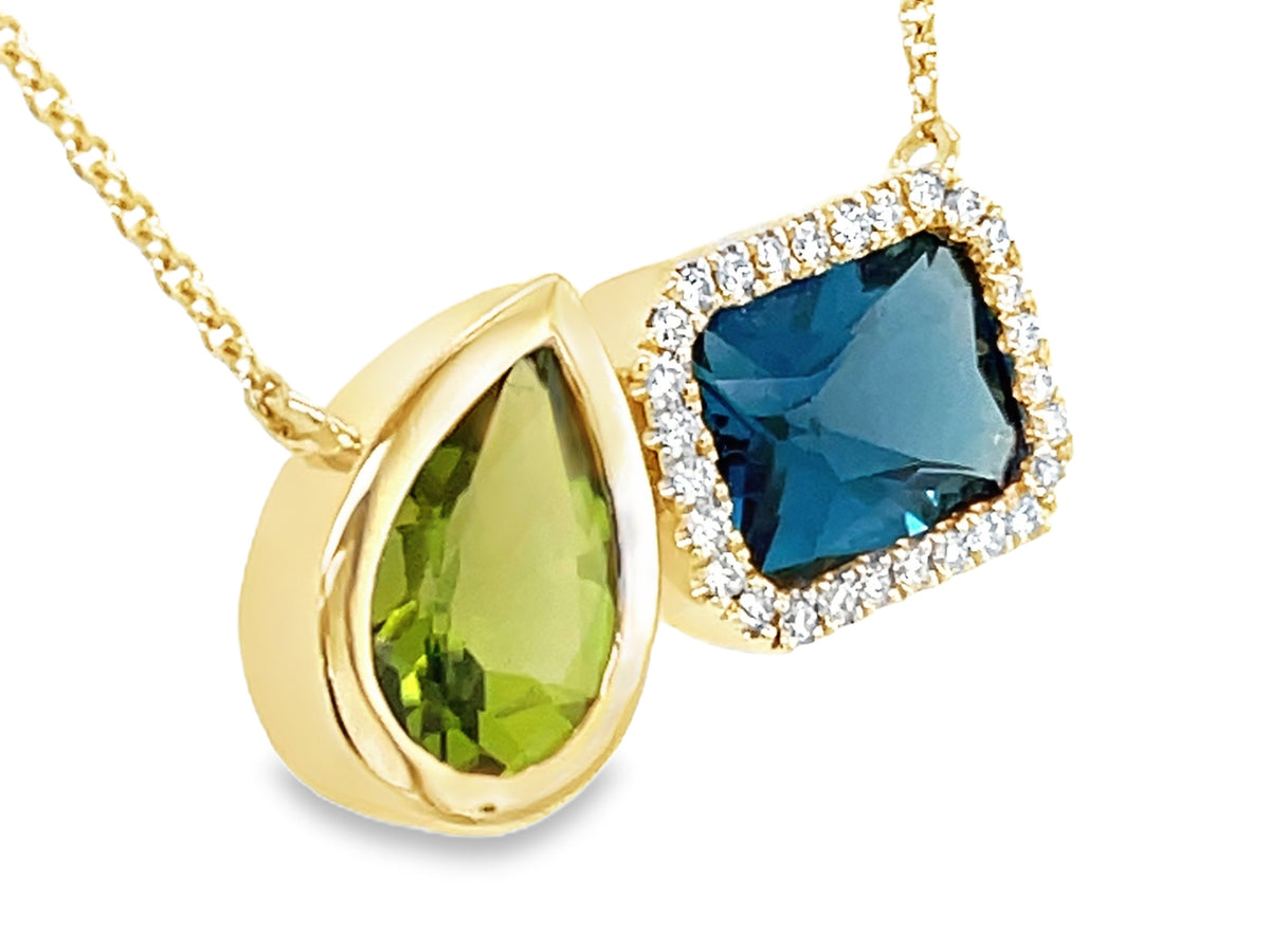 BLUE TOPAZ, PERIDOT & DIAMOND TOI ET MOI PENDANT NECKLACE