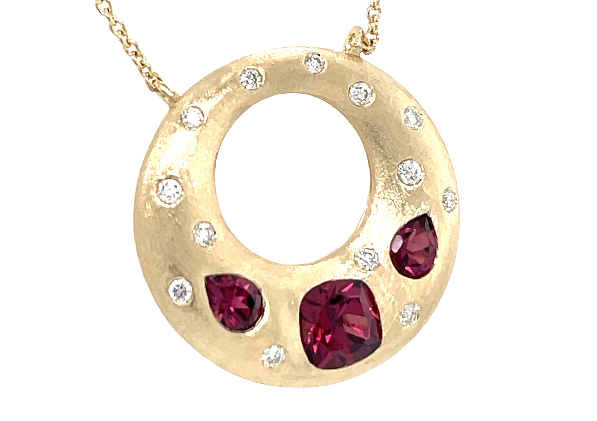 RHODOLITE & DIAMOND CIRCLE PENDANT NECKLACE, 16", SATIN FINISH