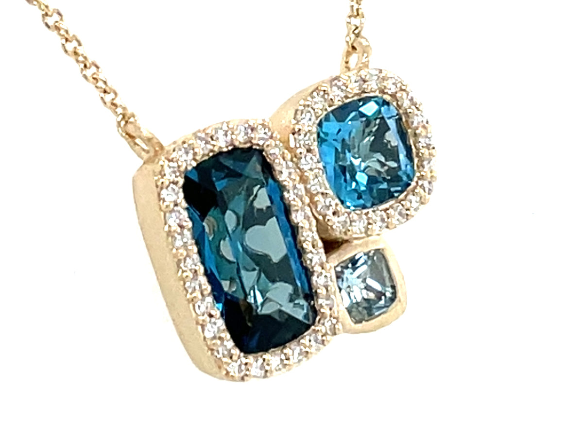 Blue Topaz Cushion 3 Stone Diamond Necklace ,16 " Tiff Chain, Satin Finish