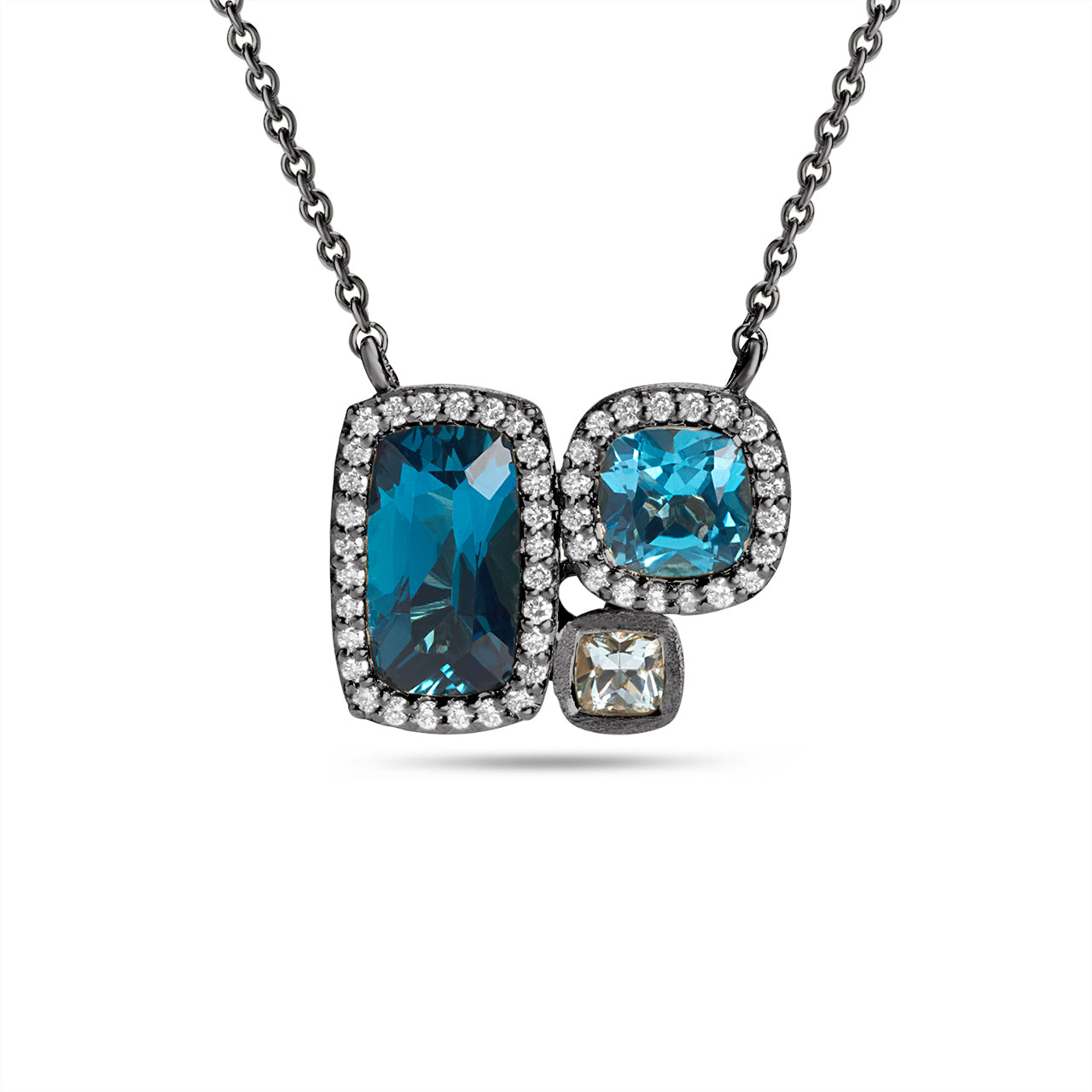 Blue Topaz & Diamond Cushion 3 Stone Necklace