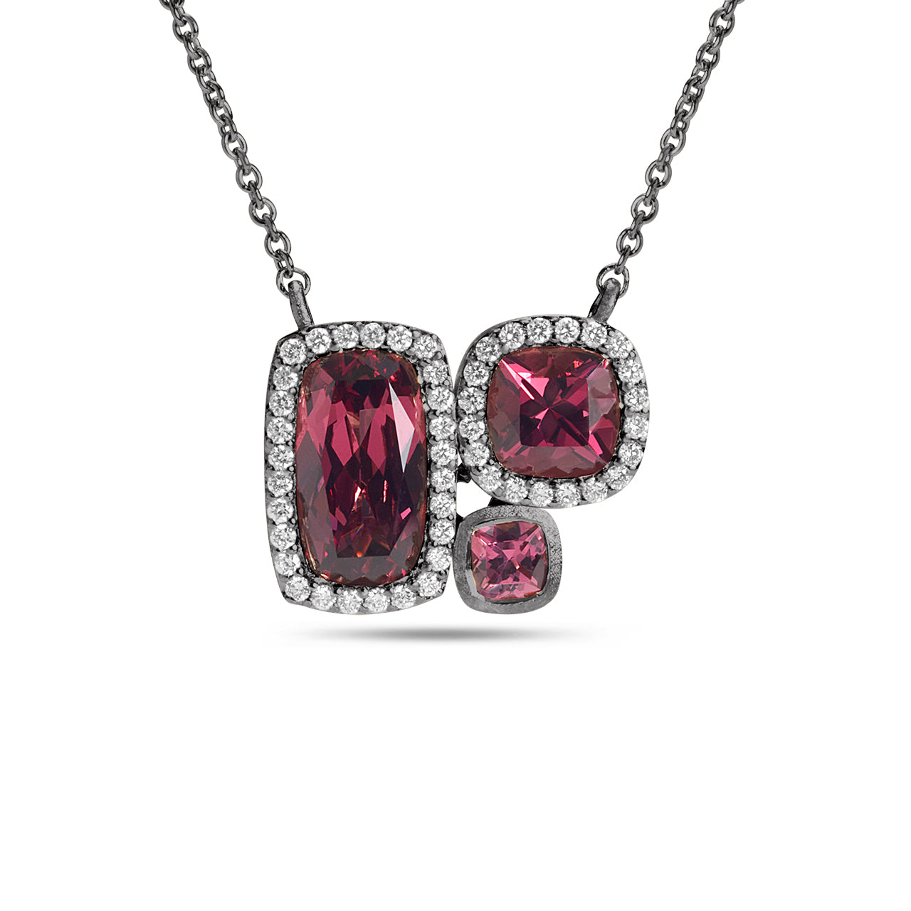 Rhodolite & Diamond Cushion 3 Stone Necklace