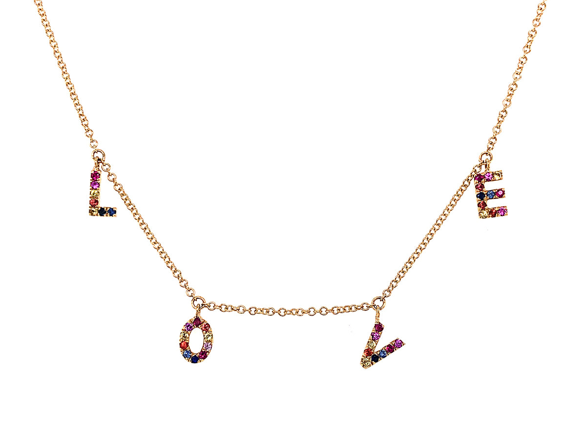 RAINBOW SAPPHIRE LOVE PENDANT, 18"/16" BOLO CHAIN, 14KY (H/U)