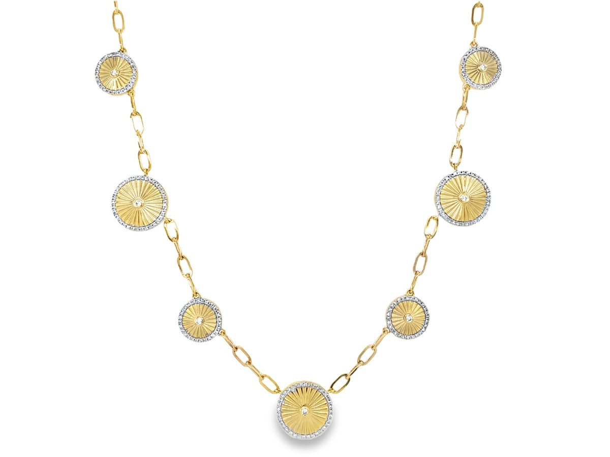 DIAMOND 7 DISC PLEATED HALO NECKLACE, 18" PAPERCLIP