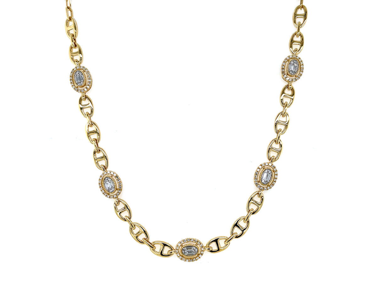 DIAMOND BAGUETTE CLUSTER TAB NECKLACE, 18" PAPER CLIP CHAIN