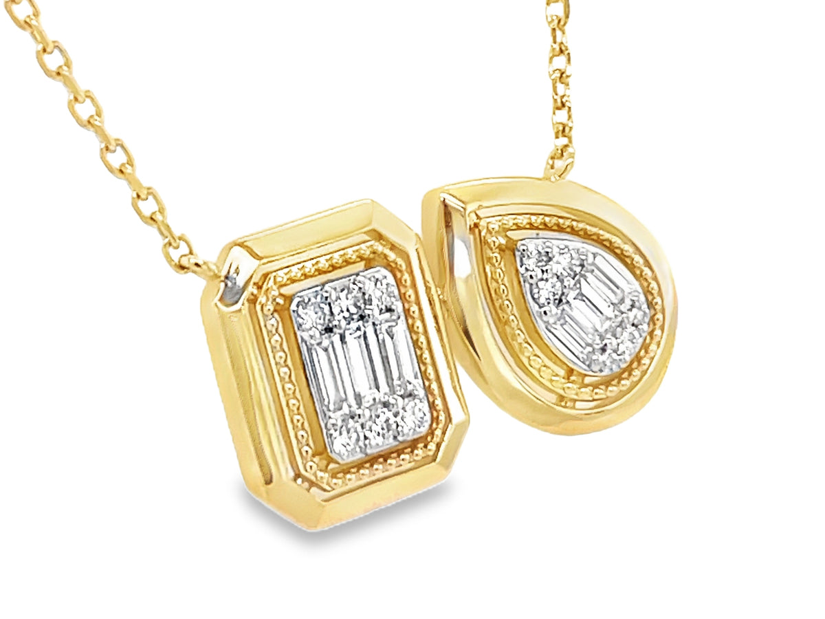 DIAMOND BAGUETTE CLUSTER MILGRAIN PEAR & CUSHION TOI ET MOI NECKLACE, 18"/17"/16"