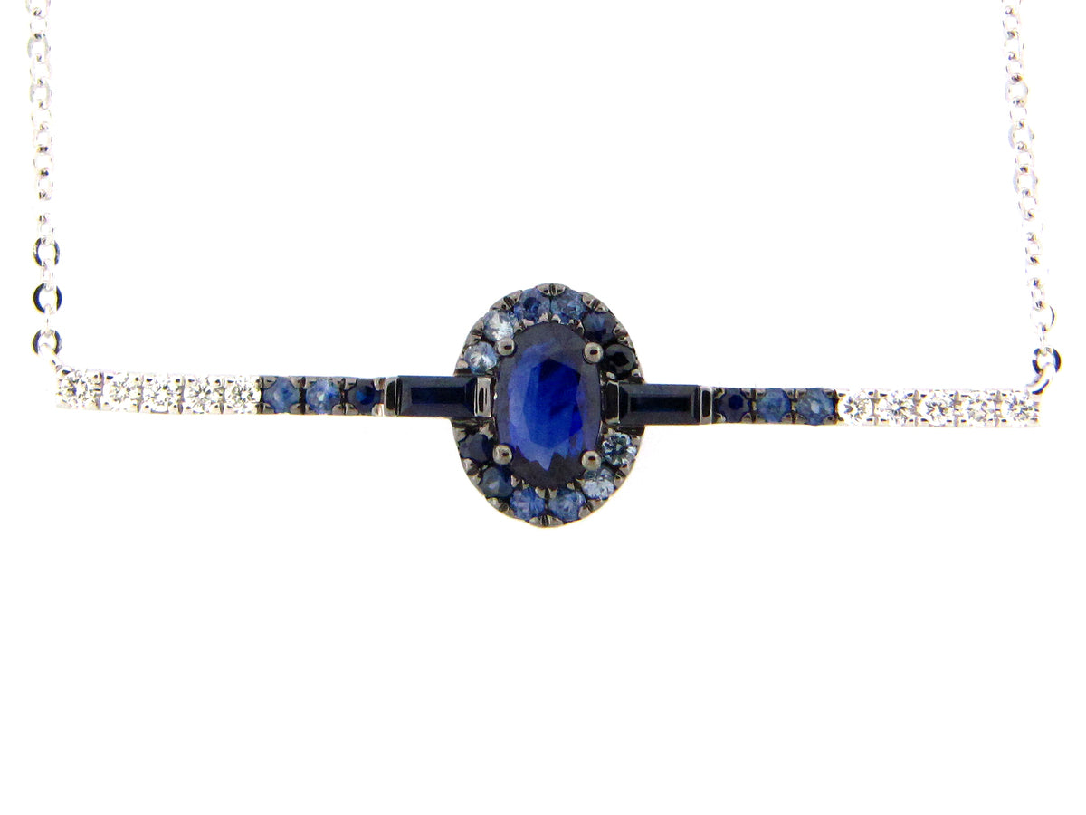 SAPPHIRE & DIAMOND BAR NECKLACE, 18" BOLO CHAIN, 14KW (H)