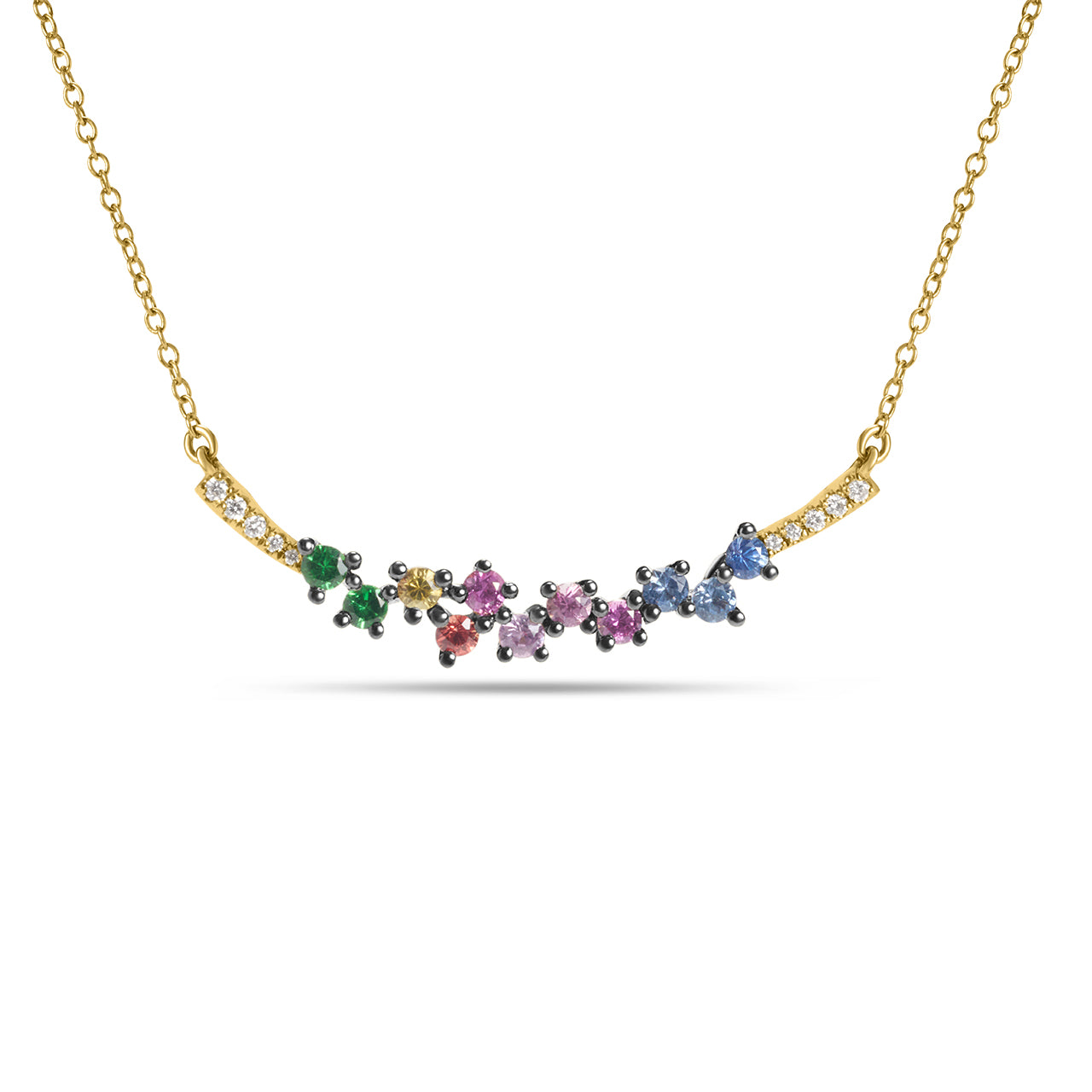Rainbow Sapphire & Diamond Curved Bar Necklace