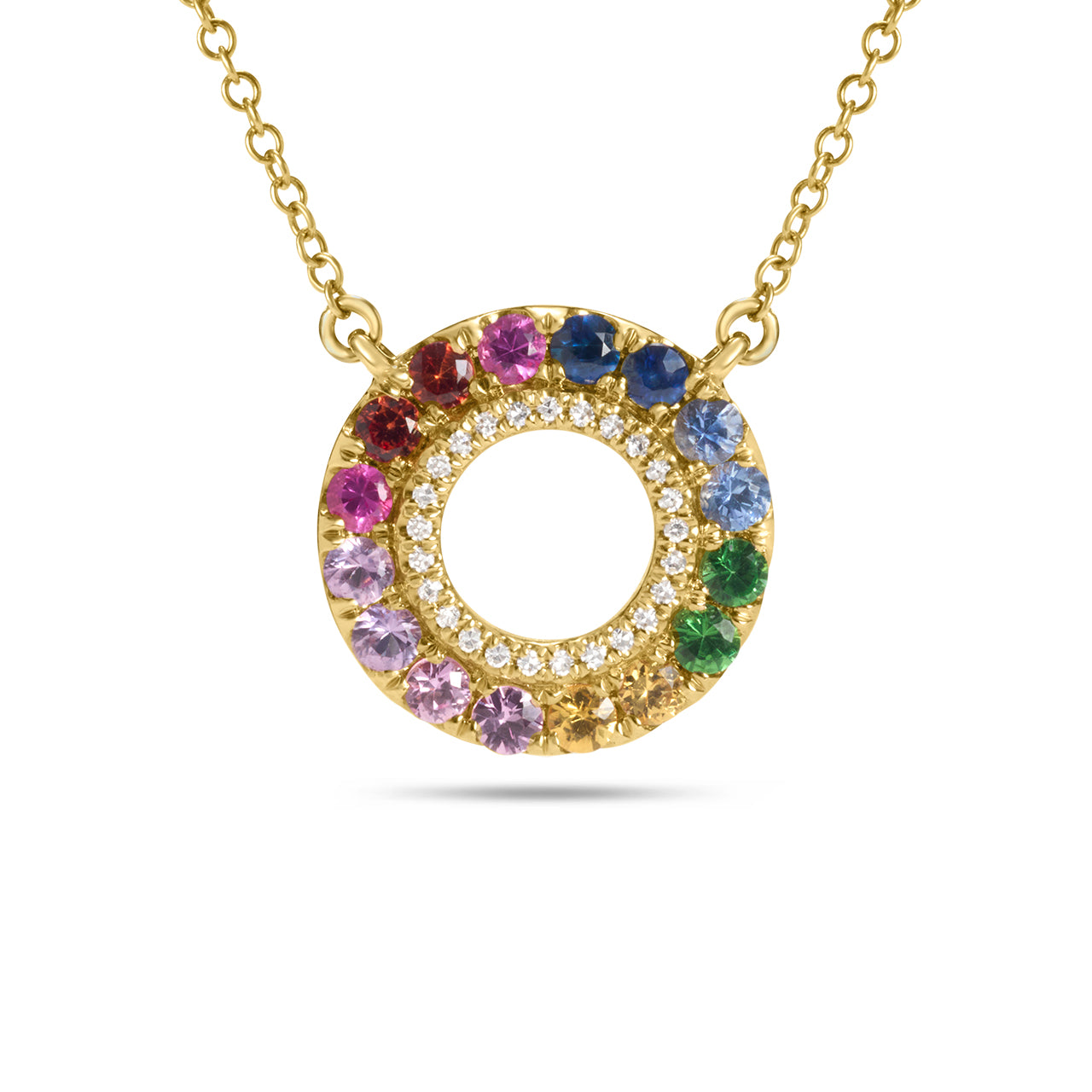 Rainbow Sapphire & Diamond Circle Halo Necklace