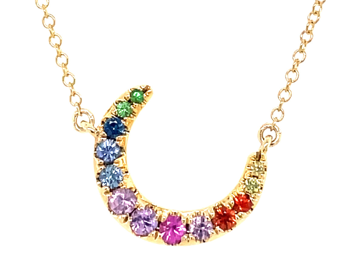 CRESCENT MOON RAINBOW SAPPHIRE, RUBY & TSAVORITE PENDANT NECKLACE, 18"/17"/16", 14KY, (H/N)