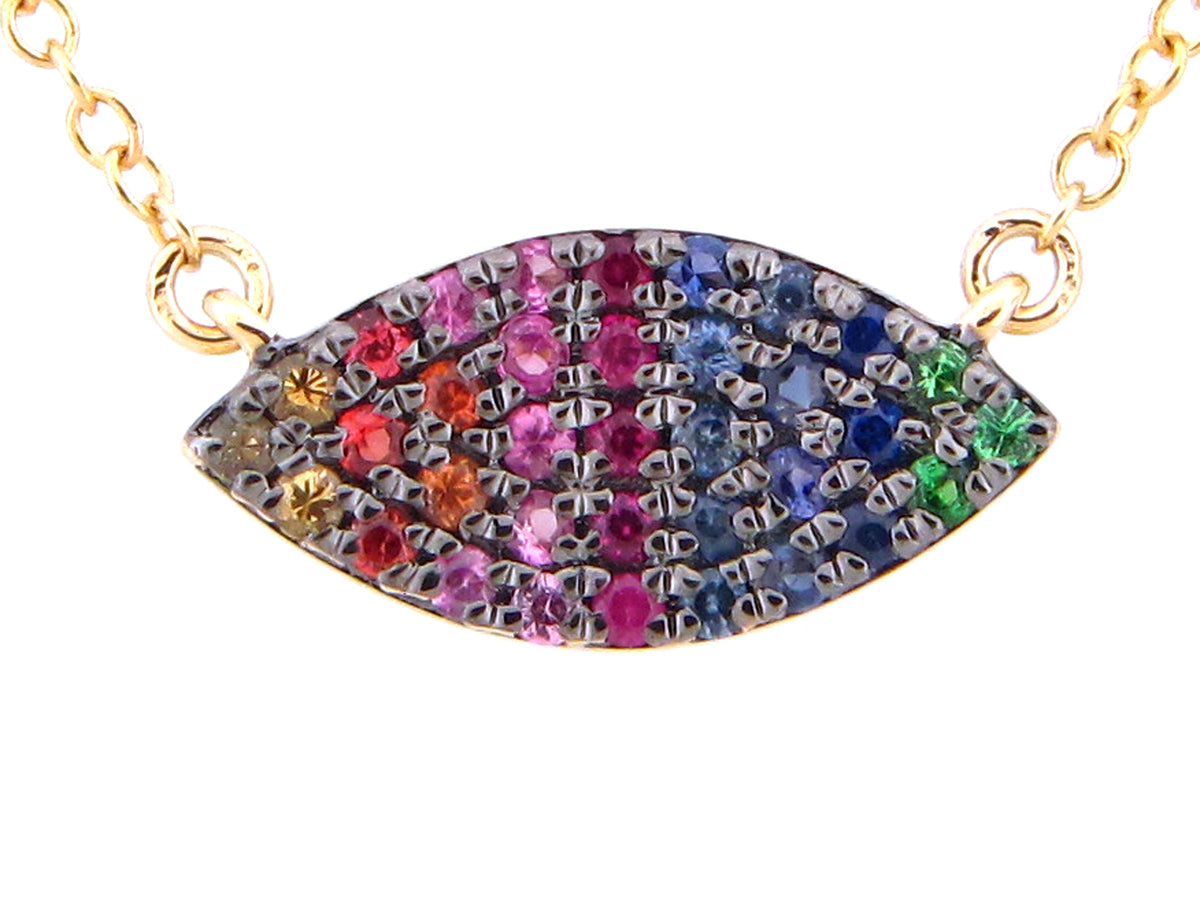 FANCY SAPPHIRE, RUBY & TSAVORITE MARQUISE PENDANT NECKLACE, BOLO CHAIN 12-18", 18KY (H/U/N)