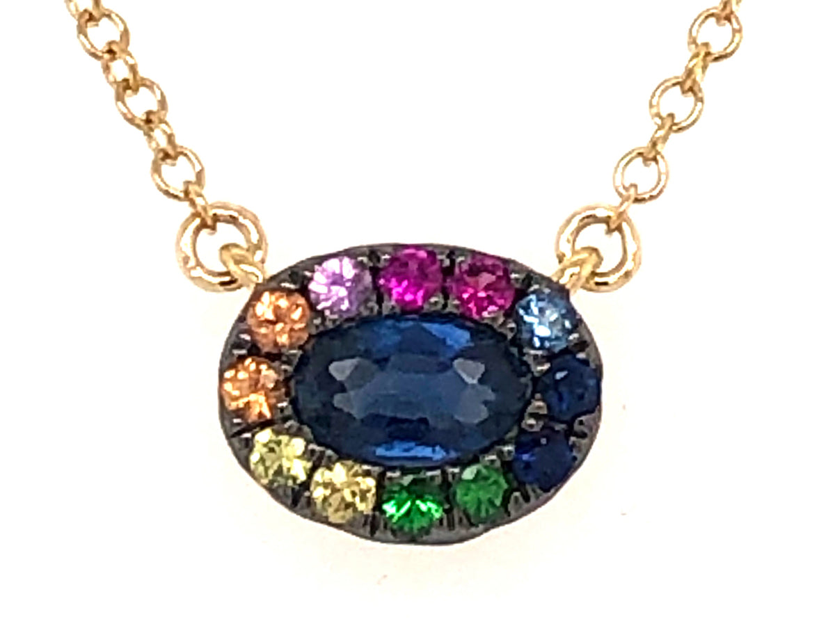 FANCY SAPPHIRE, RUBY & TSAVORITE PENDANT NECK, BOLO CHAIN 12-18", 18KY (H/U/N)