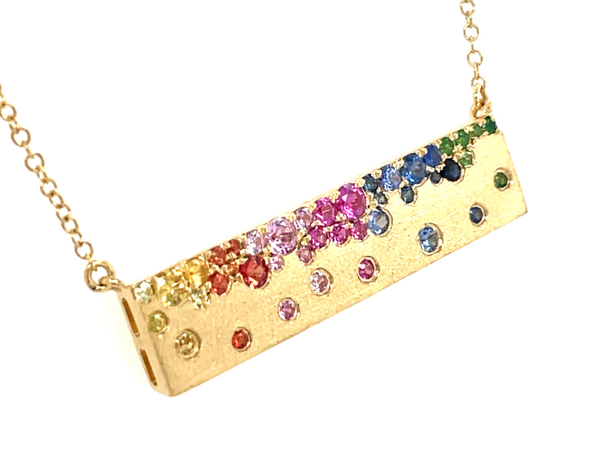 RAINBOW SAPP & TSAVORITE FLUSH SET BAR NECKLACE, SATIN FINISH, 18"/17"/16", 18KY (H/U/N)