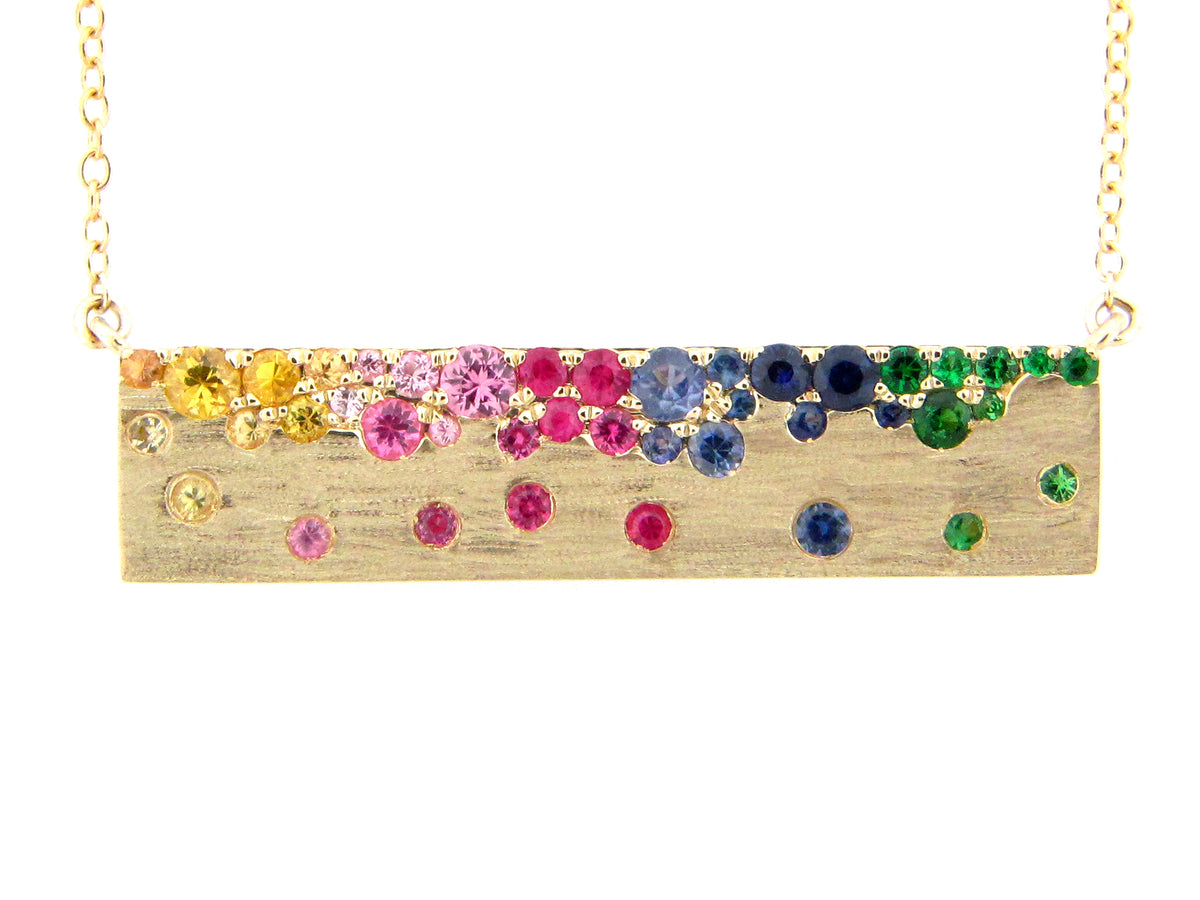 RAINBOW SAPPHIRE (H) & TSAVORITE (N) FLUSH SET BAR NECKLACE, SATIN FINISH, 18"/17"/16", 14KY