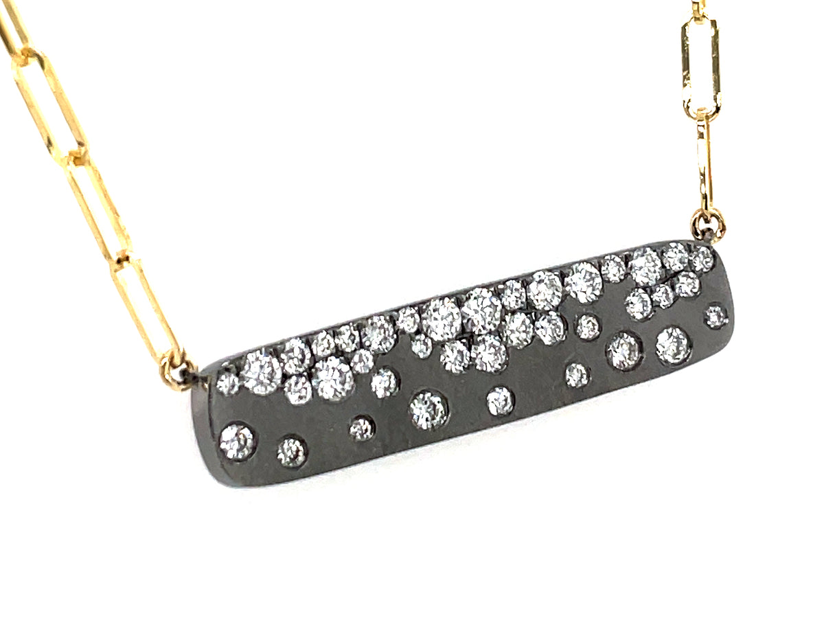 DIAMOND FLUSH SET BAR NECKLACE, 30X7MM, 18" PAPERCLIP CHAIN, SATIN FINISH, 14K BLACK FINISH/YELLOW CHAIN (N)