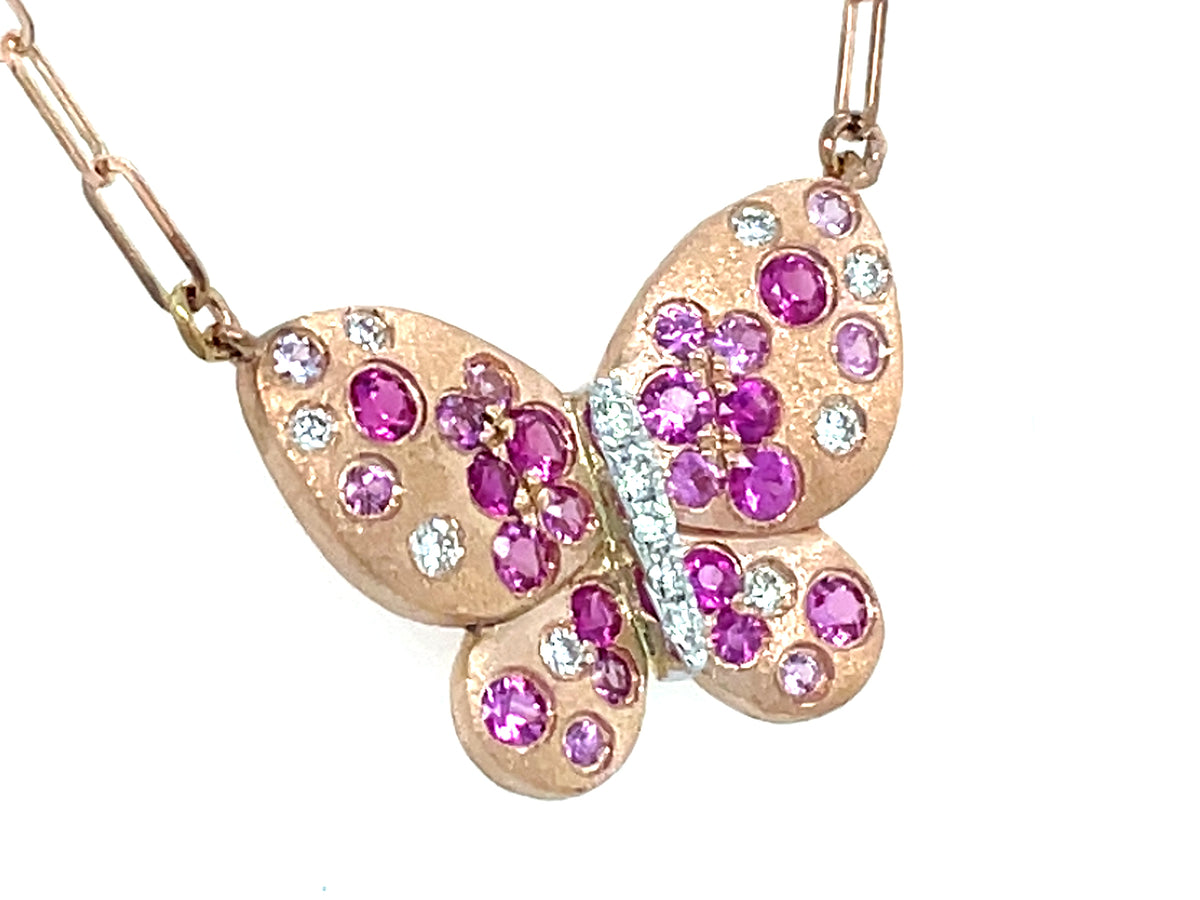 PINK SAPPHIRE, RUBY & DIAMOND CONFETTI BUTTERFLY NECKLACE, 18X14MM, 18" PAPERCLIP CHAIN, SATIN FINISH