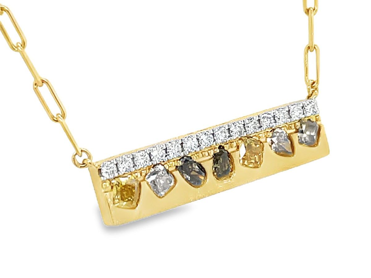 NATURAL FANCY COLOR & WHITE DIAMOND BAR NECKLACE, 18" PAPERCLIP CHAIN, SATIN FINISH