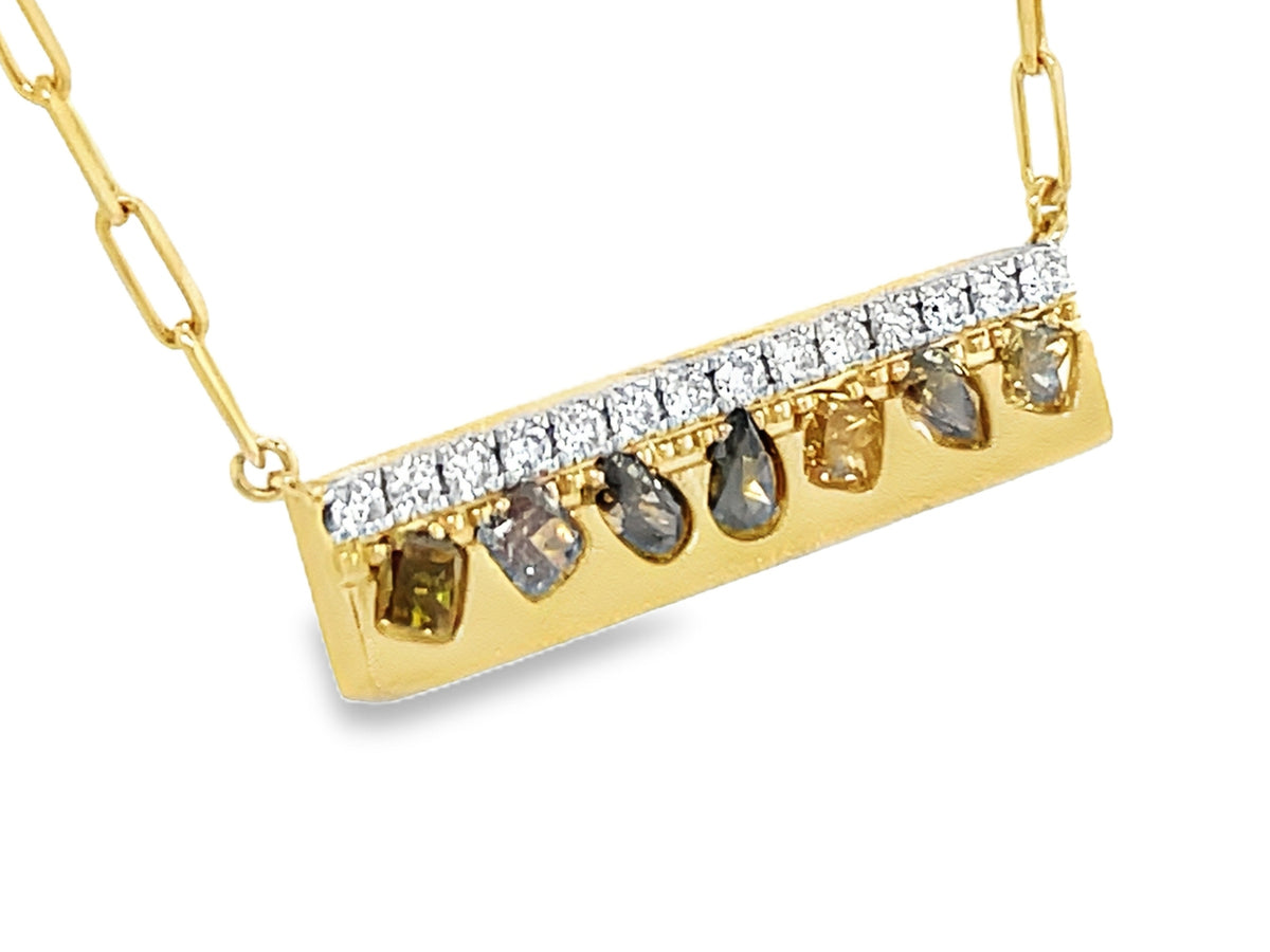 NATURAL FANCY COLOR & WHITE DIAMOND BAR NECKLACE, 18" PAPERCLIP CHAIN, SATIN FINISH