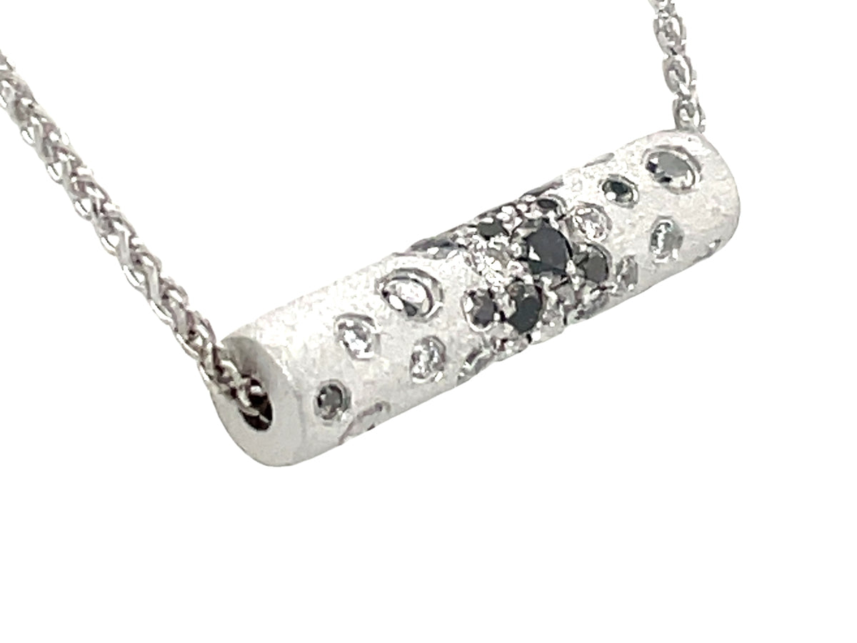 BLACK & WHITE DIAMOND FLUSH SET CYLINDER NECKLACE, 20MM, SATIN FINISH, 18"/16" BOLO CHAIN