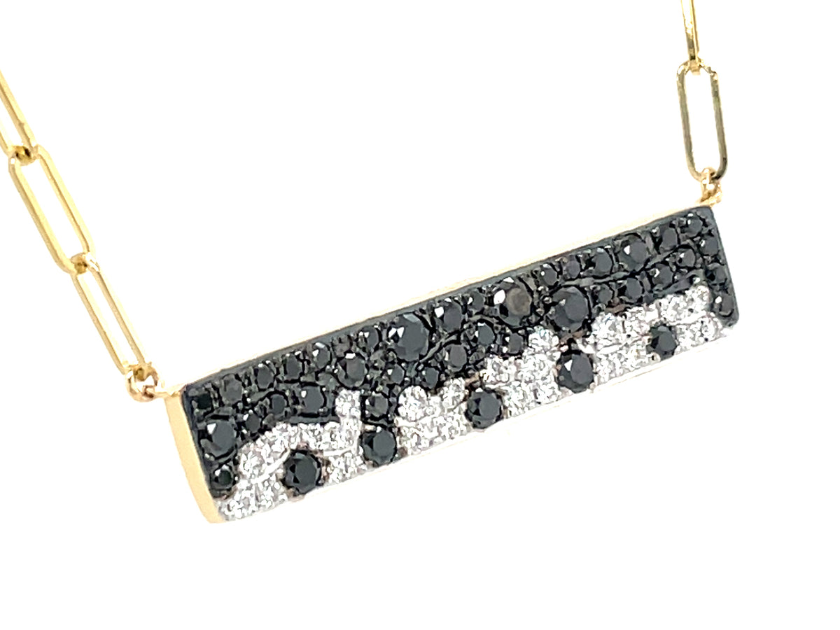 BLACK & WHITE DIAMOND PAVE BAR NECKLACE, 18" PAPERCLIP CHAIN, 30 X 7 MM