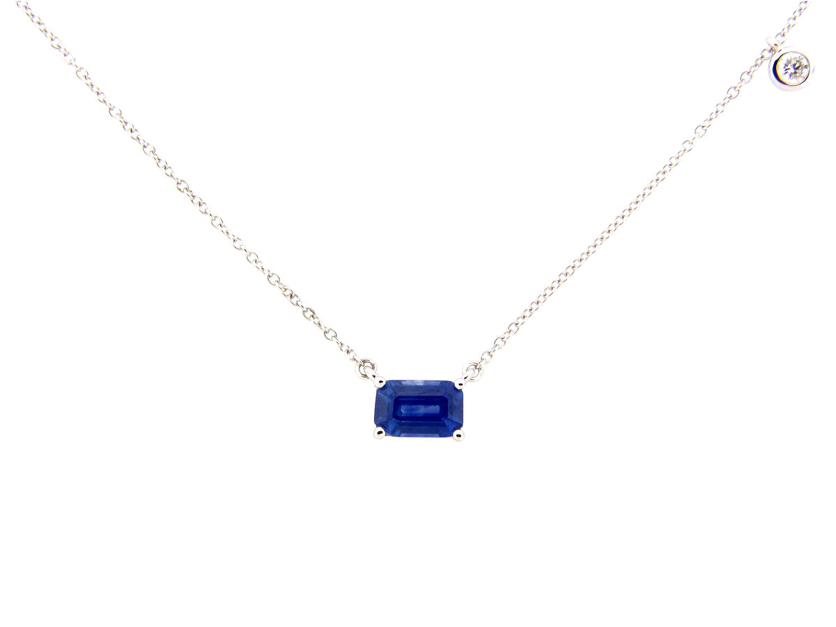 SAPPHIRE & DIAMOND EMERALD CUT PENDANT NECKLACE, 18"/17"/16", 14KW (H)