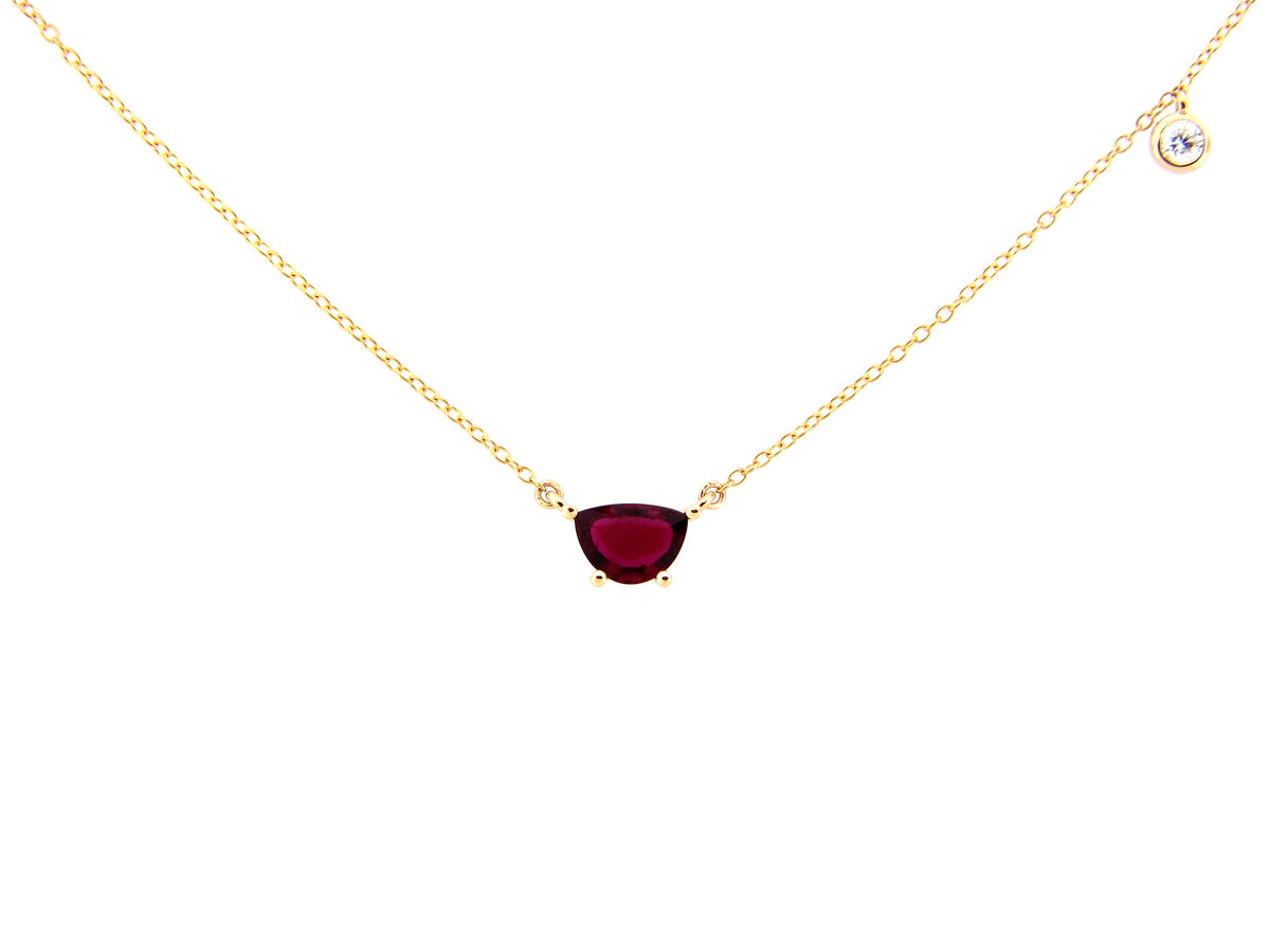 RUBY & DIAMOND HALF MOON PENDANT NECKLACE, 18"/17"/16", 14KY (H)
