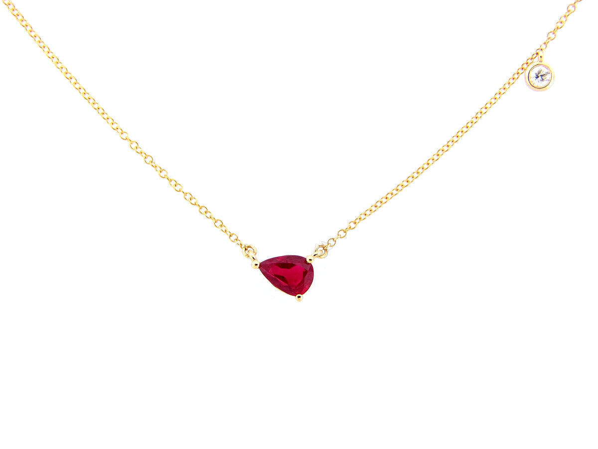 RUBY & DIAMOND PEAR PENDANT NECKLACE, 18"/17"/16", 14KY (H)