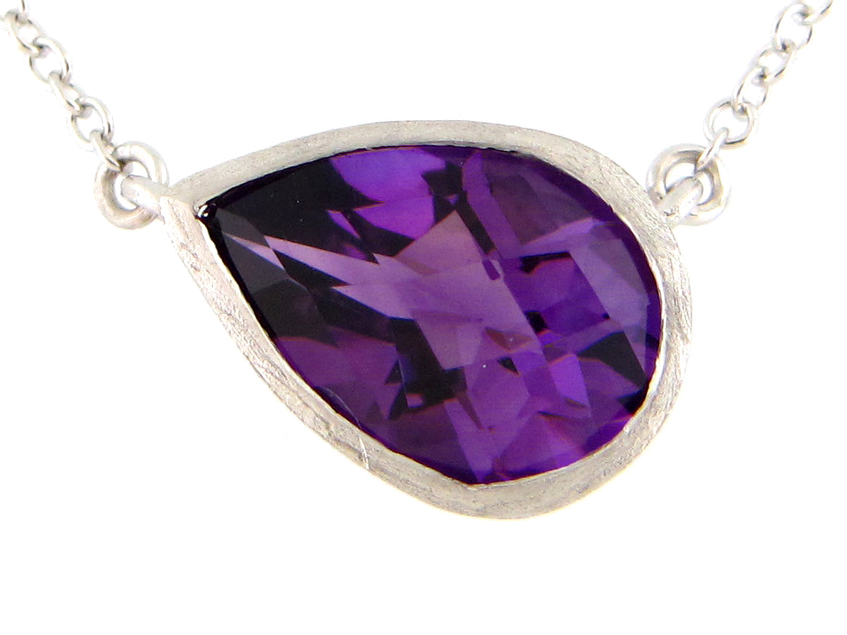 AMETHYST PENDANT NECKLACE, SATIN FINISH, 18"/17'/16", 14KW (H)