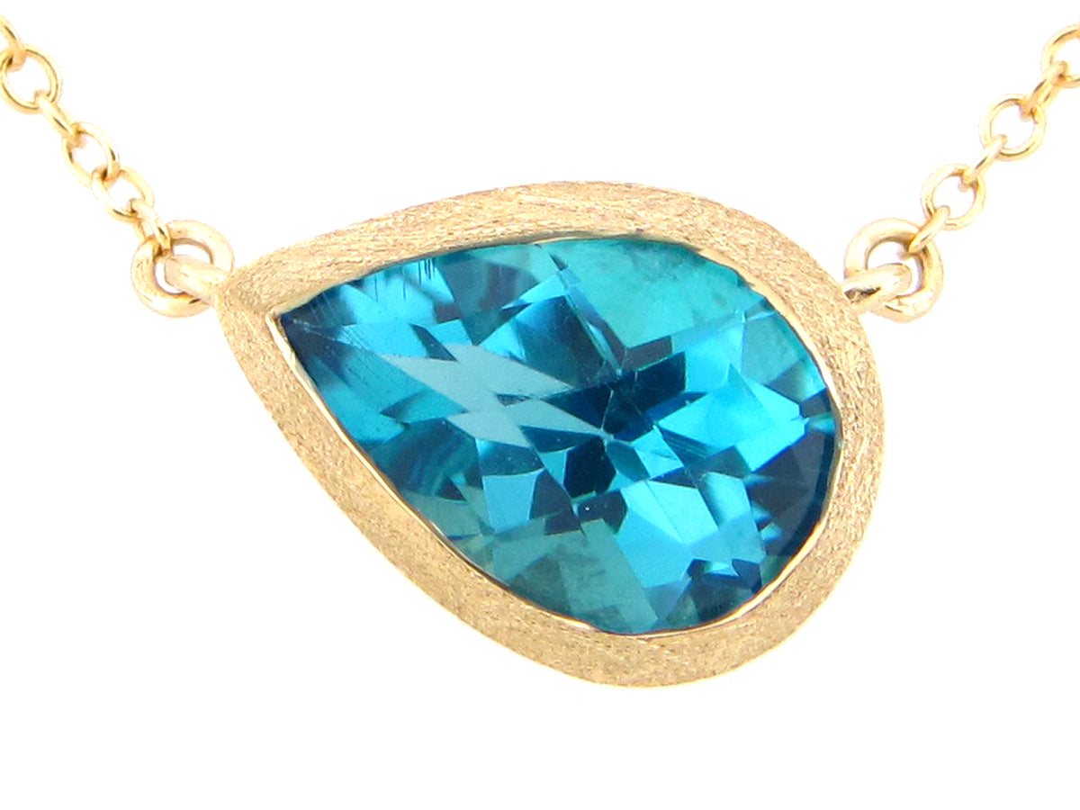 BLUE TOPAZ PENDANT NECKLACE, SATIN FINISH, 18"/17"/16", 14KY (R)