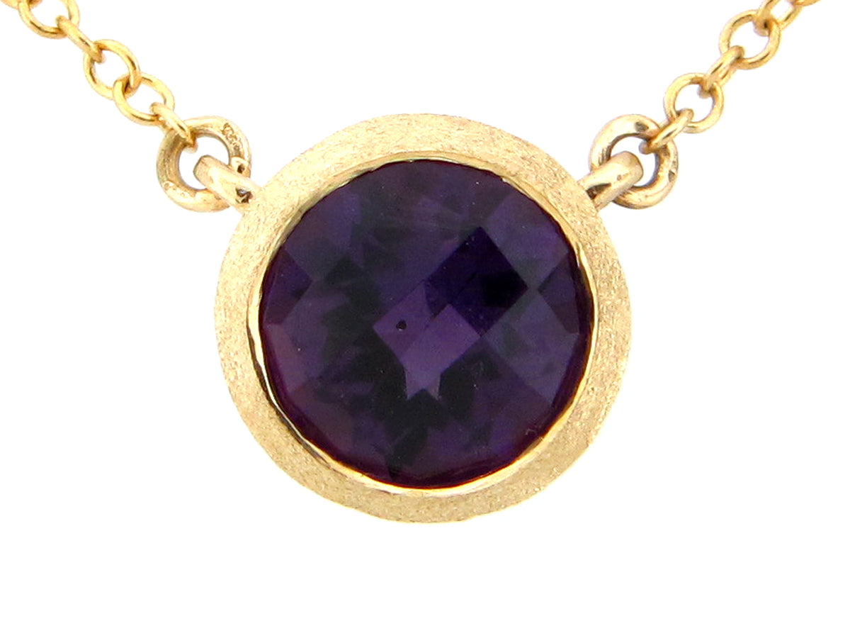 AMETHYST PENDANT ROUND BEZEL NECKLACE, 18"/17"/16", SATIN FINISH, 14KY (H)