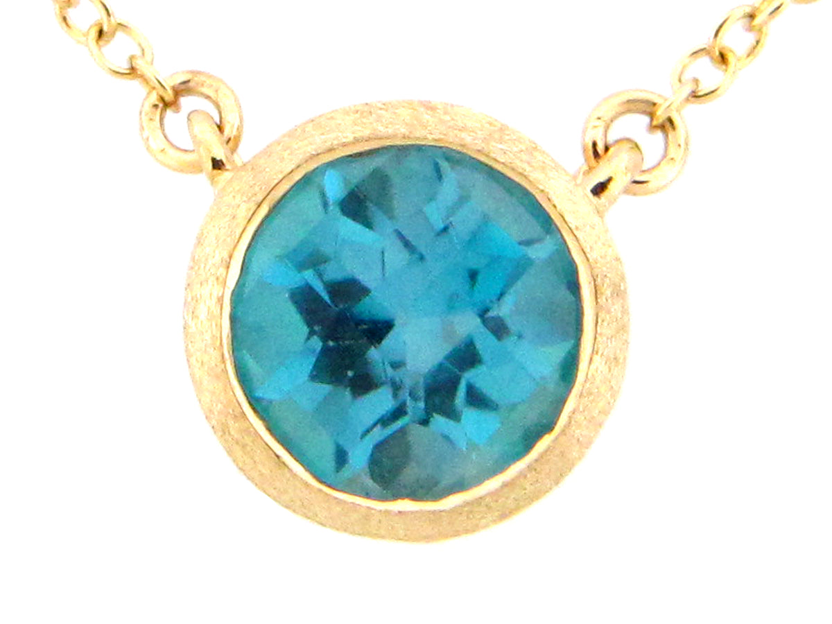 BLUE TOPAZ PENDANT ROUND BEZEL NECKLACE, 18"/17"/16", SATIN FINISH, 14KY (R)