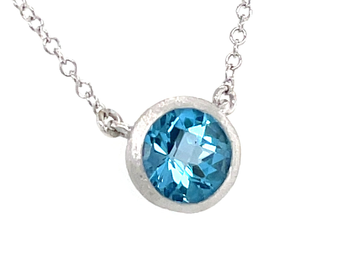 BLUE TOPAZ PENDANT ROUND BEZEL NECKLACE, 18"/17"/16", SATIN FINISH, 14KW (R)