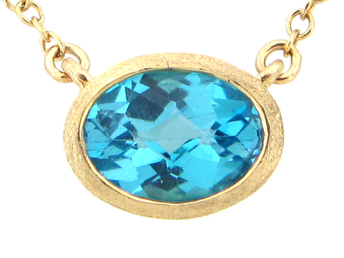 SWISS BLUE TOPAZ PENDANT NECKLACE, 18"/17"/16", SATIN FINISH, 14KY (R)