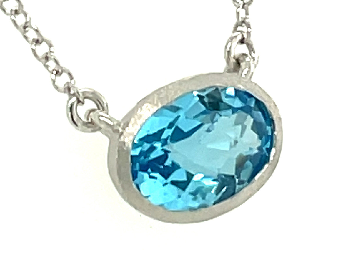 SWISS BLUE TOPAZ PENDANT NECKLACE, 18"/17"/16", SATIN FINISH, 14KW (R)