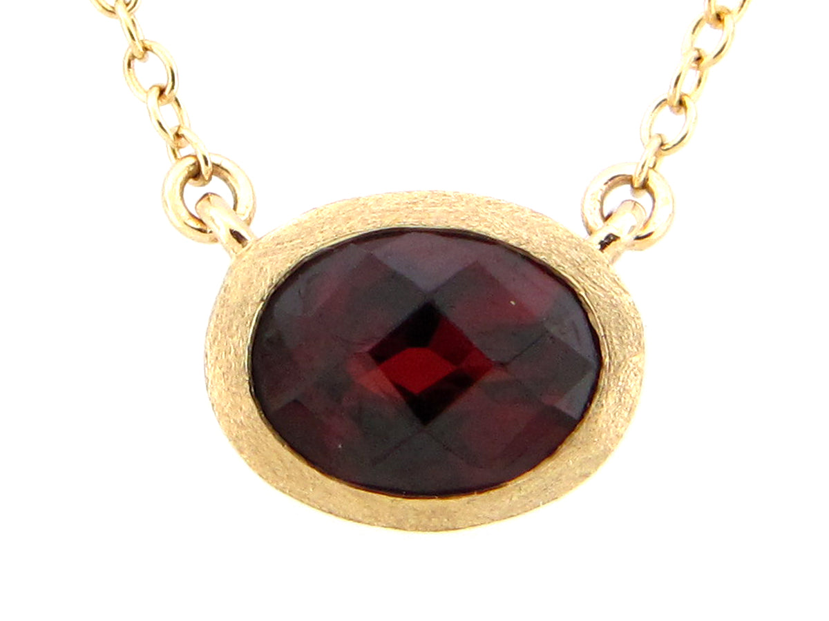 GARNET & DIAMOND OVAL PENDANT NECKLACE, 18"/17"/16", SATIN FINISH, 14KY (N)