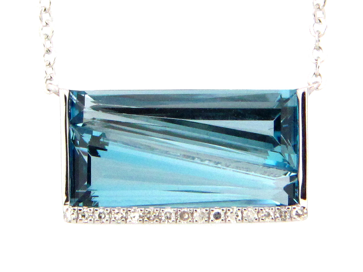 BLUE TOPAZ HORIZONTAL STACKED TRAPEZOID & DIAMOND NECKLACE, 14KW (R)