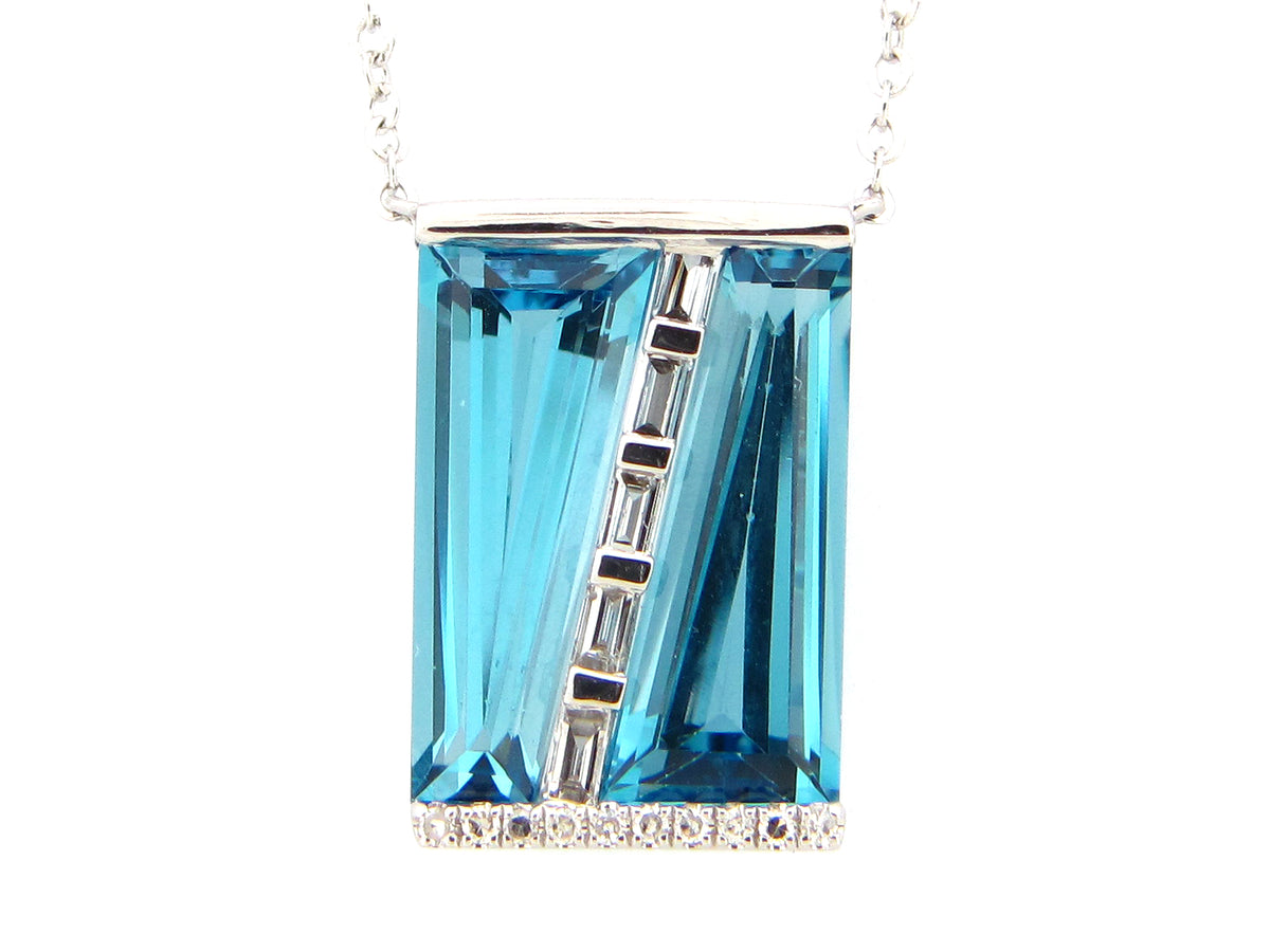 BLUE TOPAZ VERTICAL STACKED TRAPEZOID & DIAMOND NECKLACE, 18" BOLO CHAIN, 14KW (R)