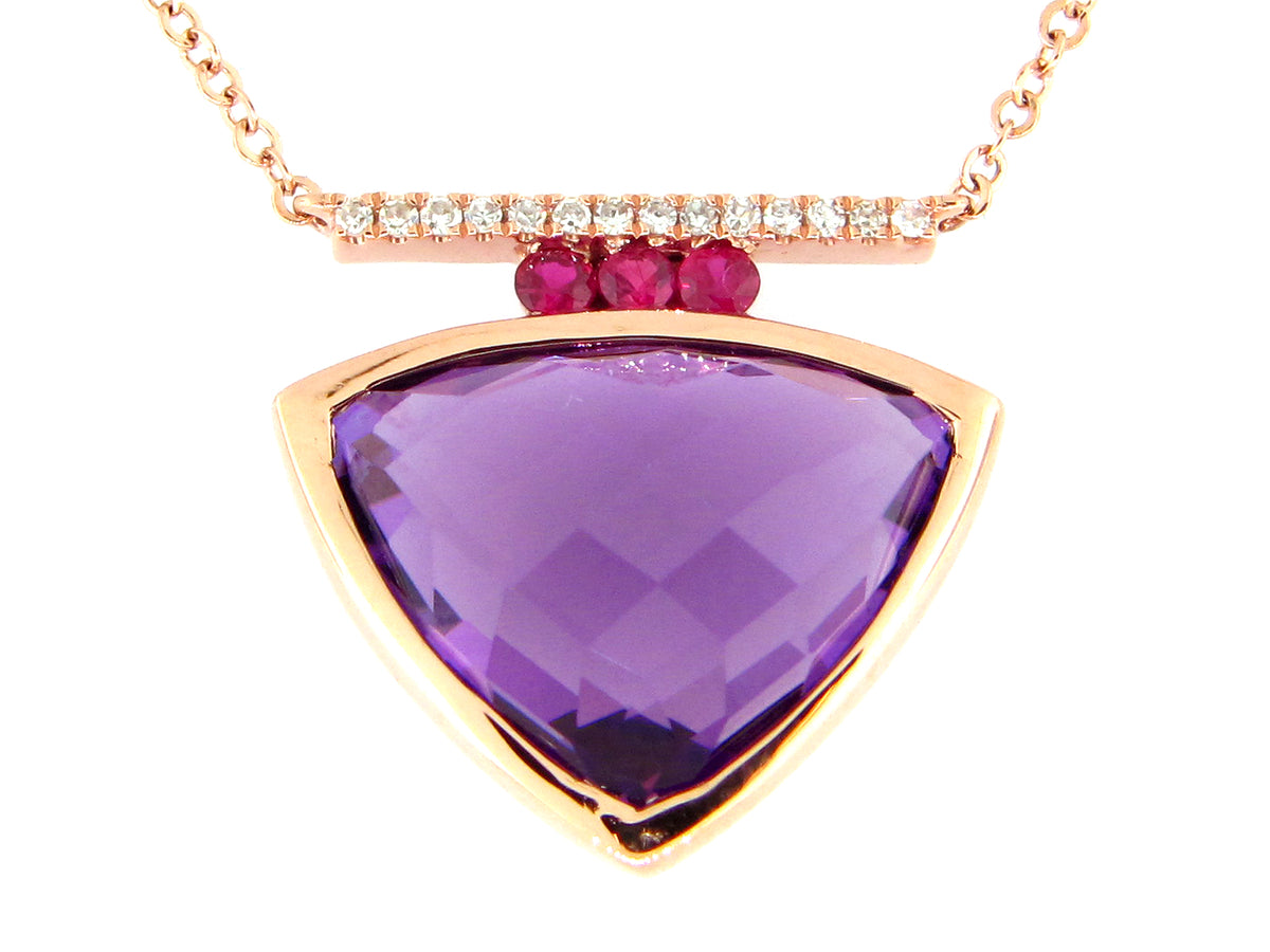 AMETHYST, RUBY & DIAMOND PENDANT NECKLACE, 18" BOLO CHAIN, 14KR (H)