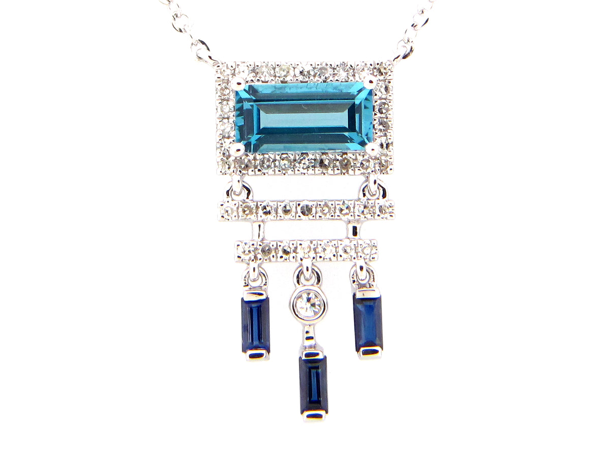 BLUE TOPAZ, SAPPH & DIAMOND ART DECO NECKLACE, 18" BOLO CHAIN, 14KW (R)