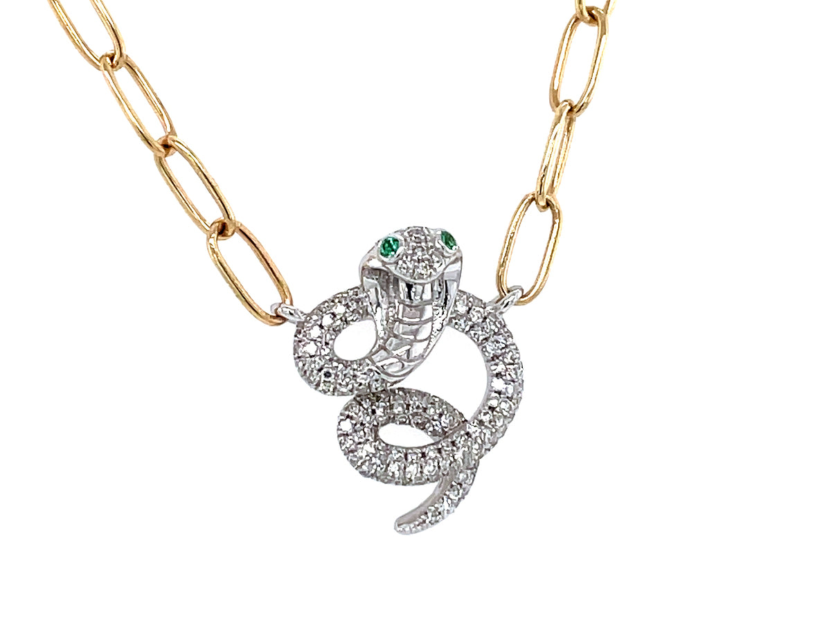 DIAMOND COBRA EMERALD EYES NECKLACE, 18" PAPERCLIP CHAIN