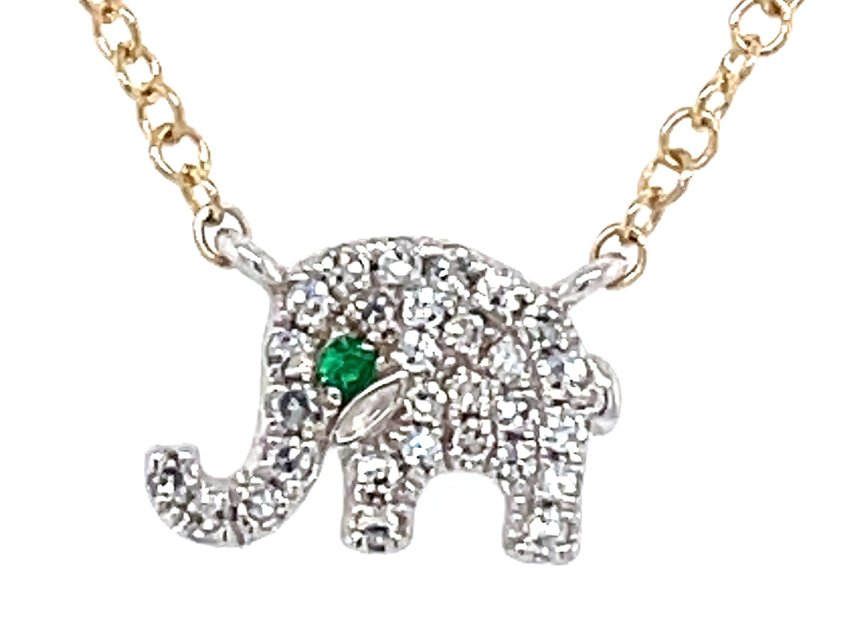 DIAMOND & EMERALD EYE ELEPHANT NECKLACE, 18"/17"/16", 14KWY (O)