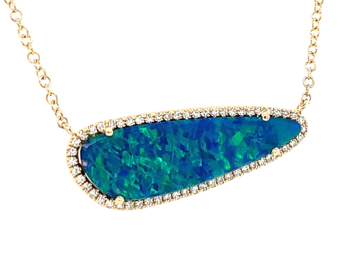 BLACK OPAL DOUBLET & DIAMOND WEST EAST NECKLACE, 18"/17"/16", 14KY (ASBL)